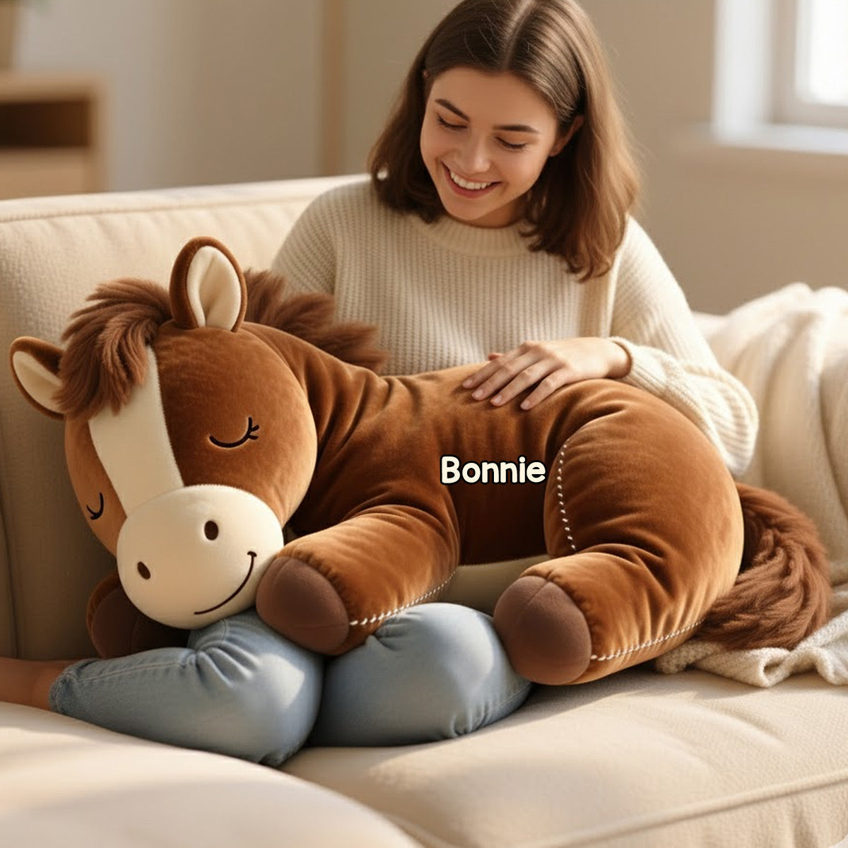 Poney endormi - Coussin personnalisé en fausse fourrure en forme de cheval