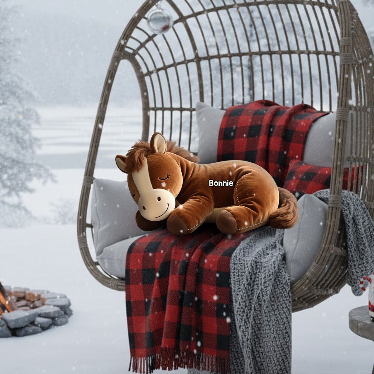 Poney endormi - Coussin personnalisé en fausse fourrure en forme de cheval