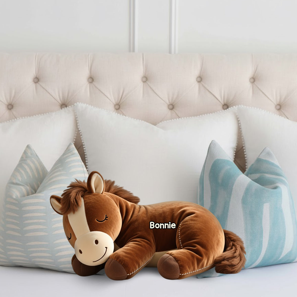 Poney endormi - Coussin personnalisé en fausse fourrure en forme de cheval