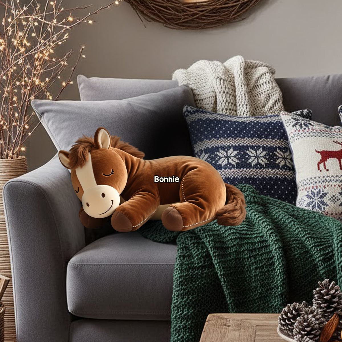 Poney endormi - Coussin personnalisé en fausse fourrure en forme de cheval