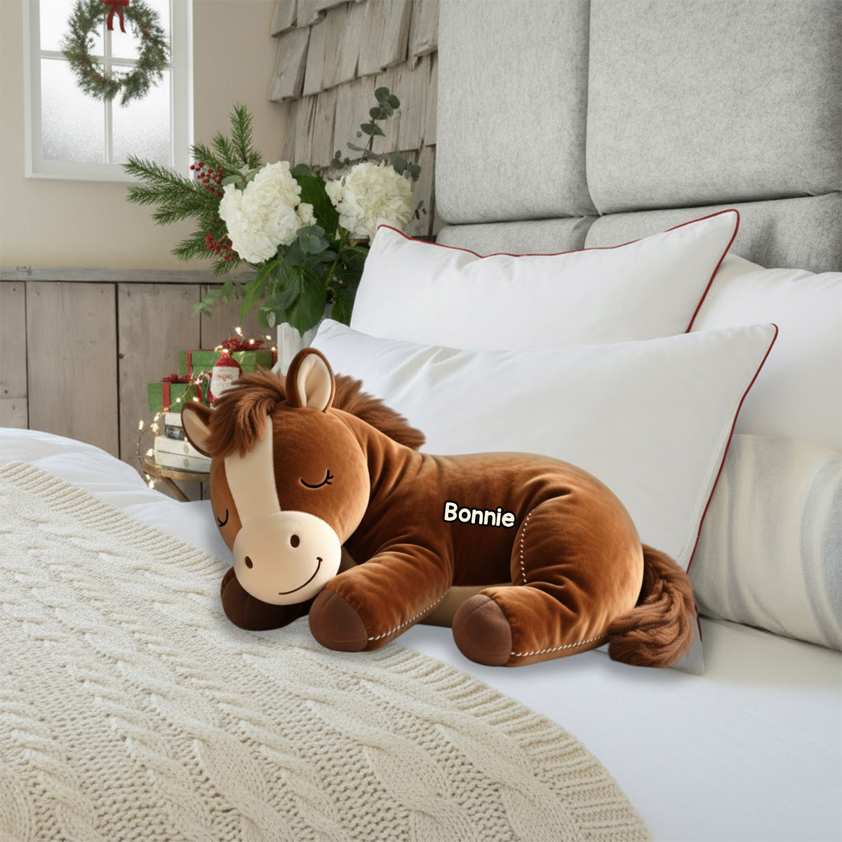 Poney endormi - Coussin personnalisé en fausse fourrure en forme de cheval