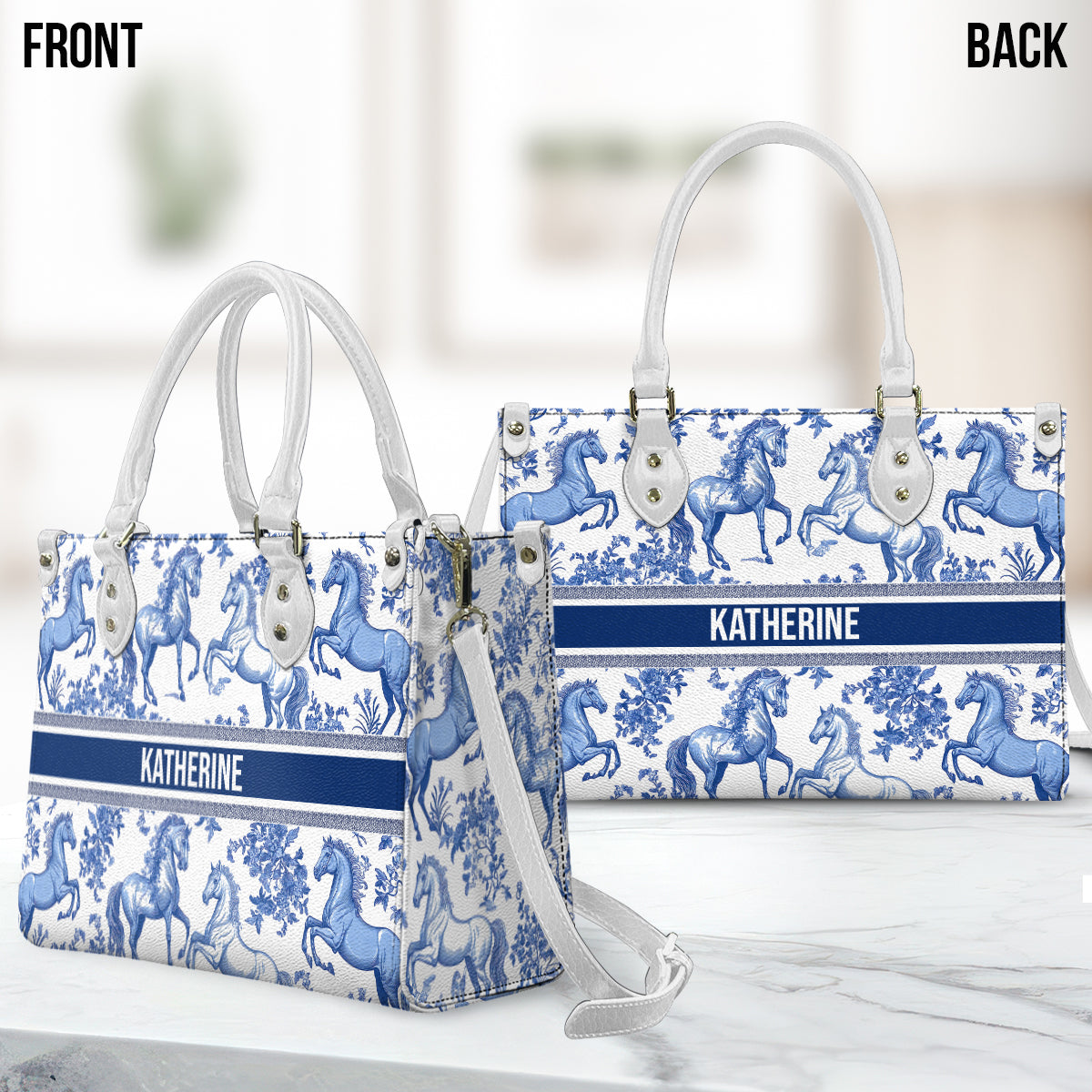 Toile de Jouy Cheval - Sac à main personnalisé en cuir à motif cheval