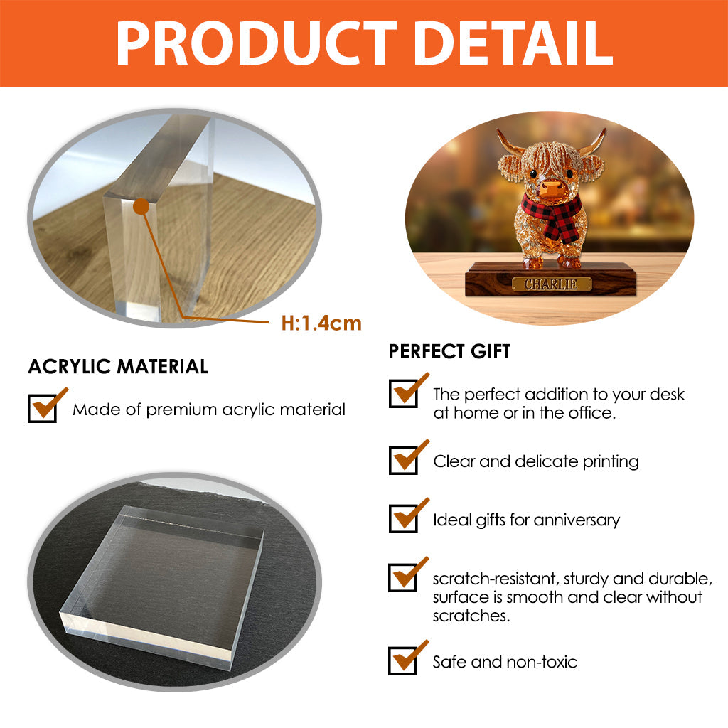 Vache des Highlands mignonne - Plaque acrylique personnalisée en forme de vache des Highlands