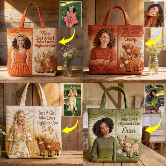 Custom Any Photo Highland Cow Lovers - Personalized Highland Cow Quilted Tote Bag