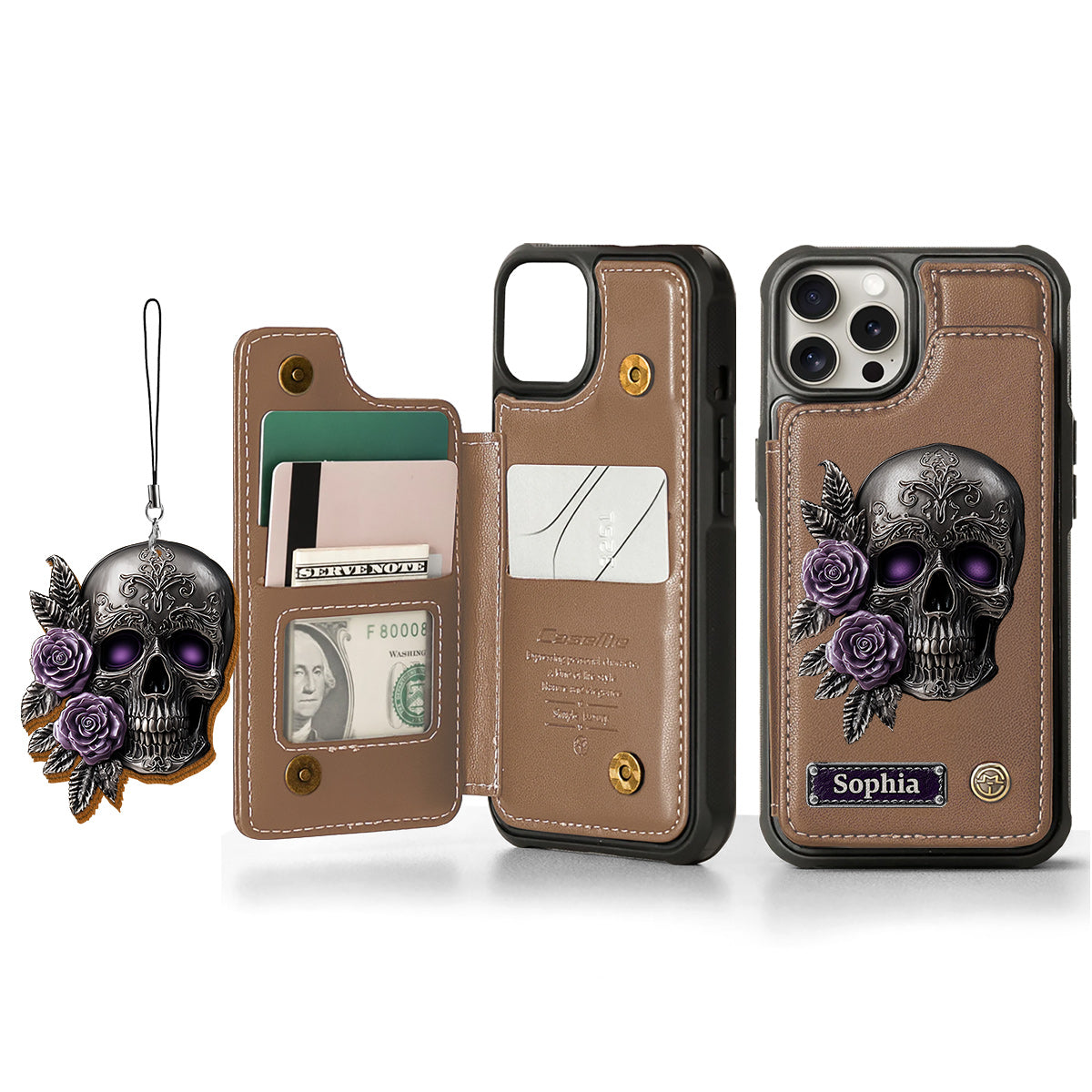 Étui portefeuille personnalisé en forme de crâne et de roses