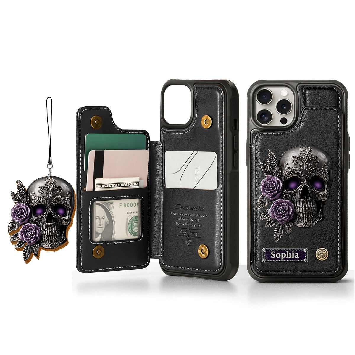 Étui portefeuille personnalisé en forme de crâne et de roses