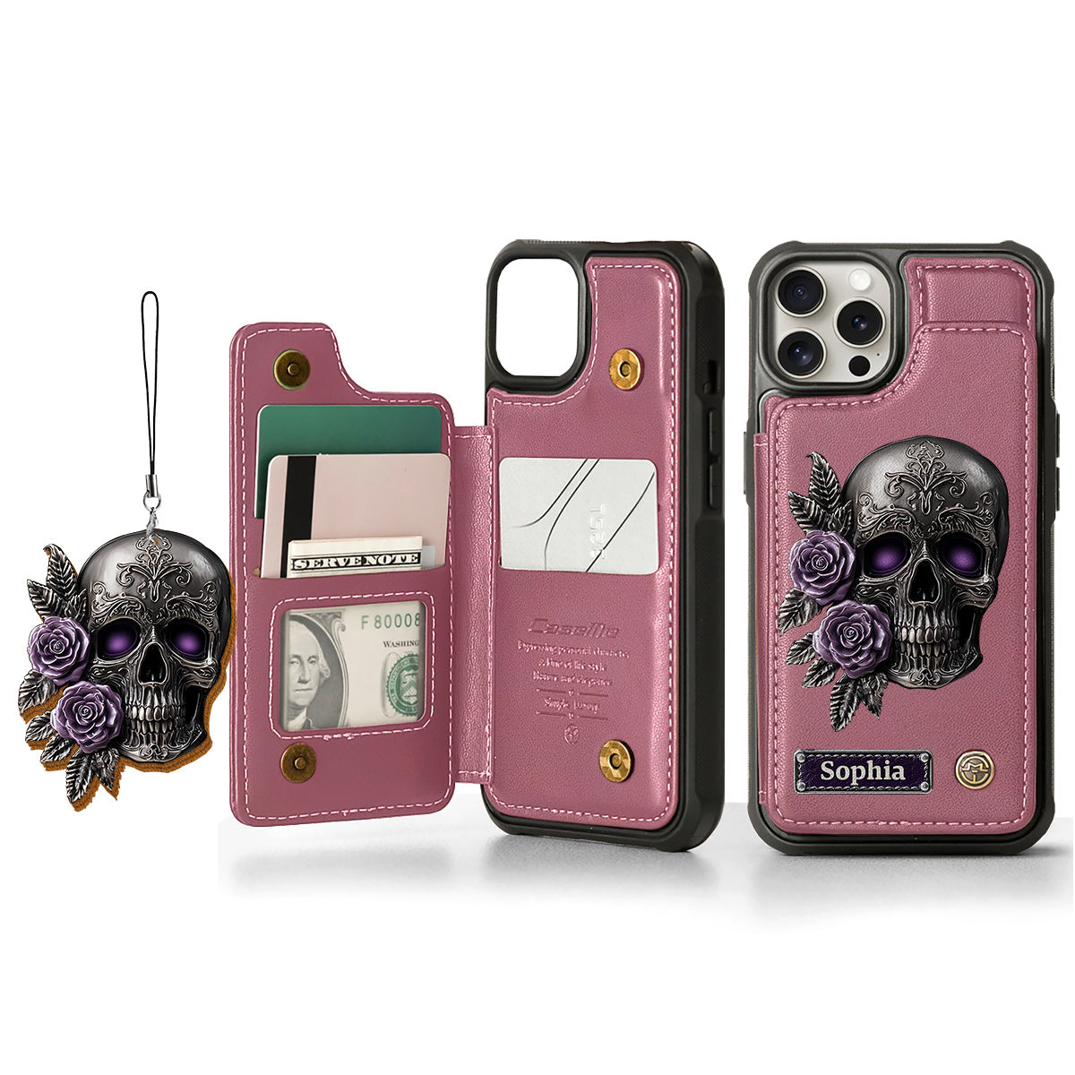 Étui portefeuille personnalisé en forme de crâne et de roses