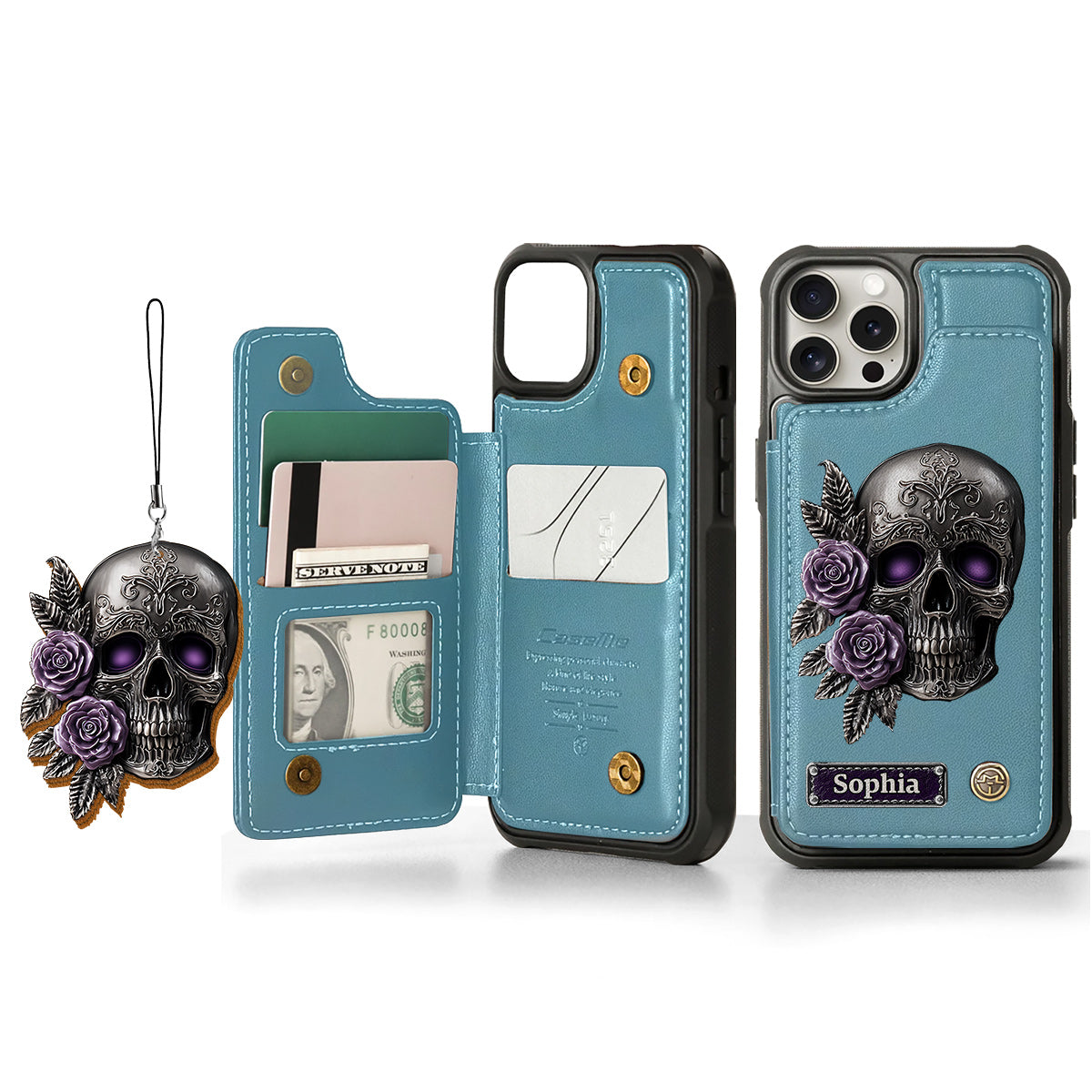 Étui portefeuille personnalisé en forme de crâne et de roses