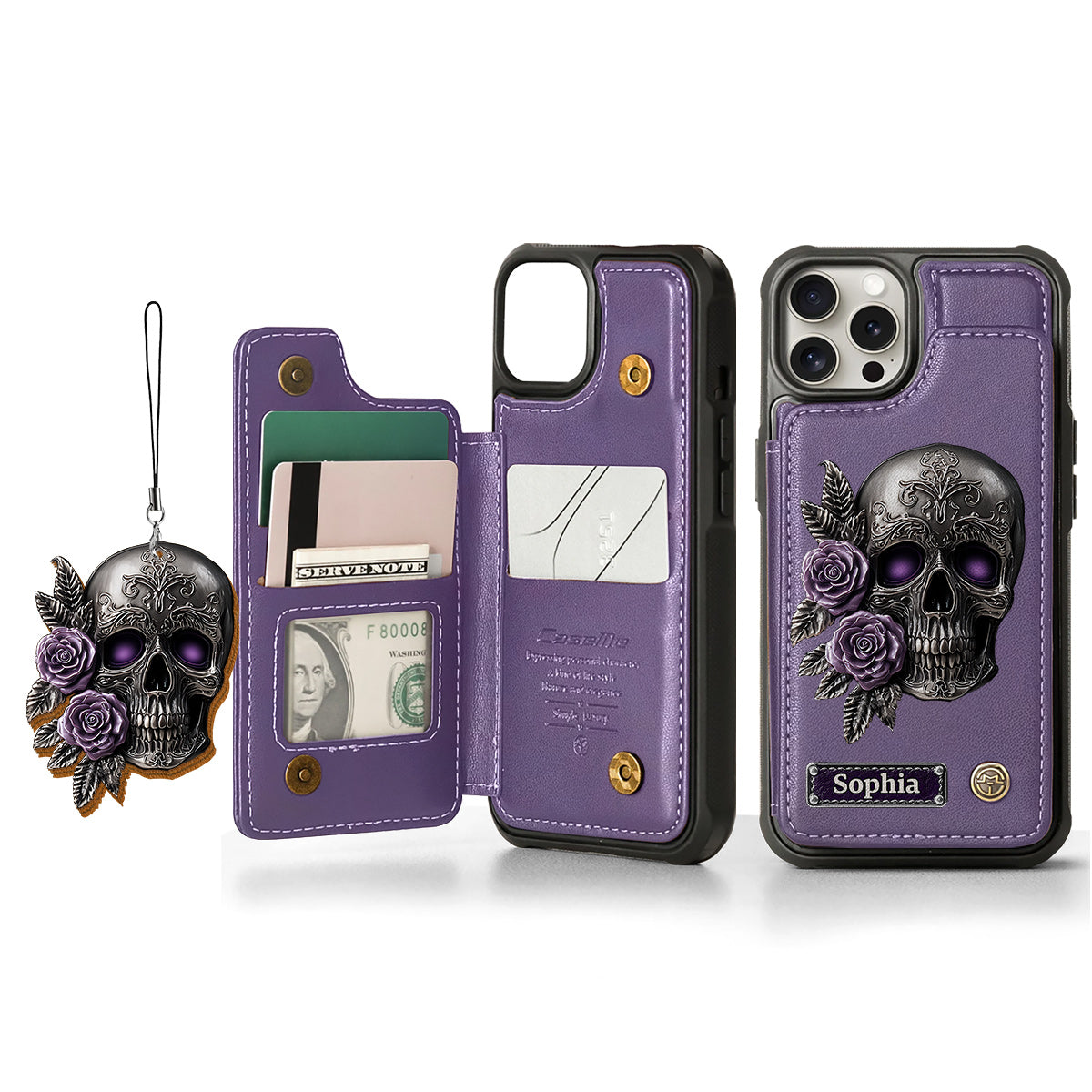 Étui portefeuille personnalisé en forme de crâne et de roses