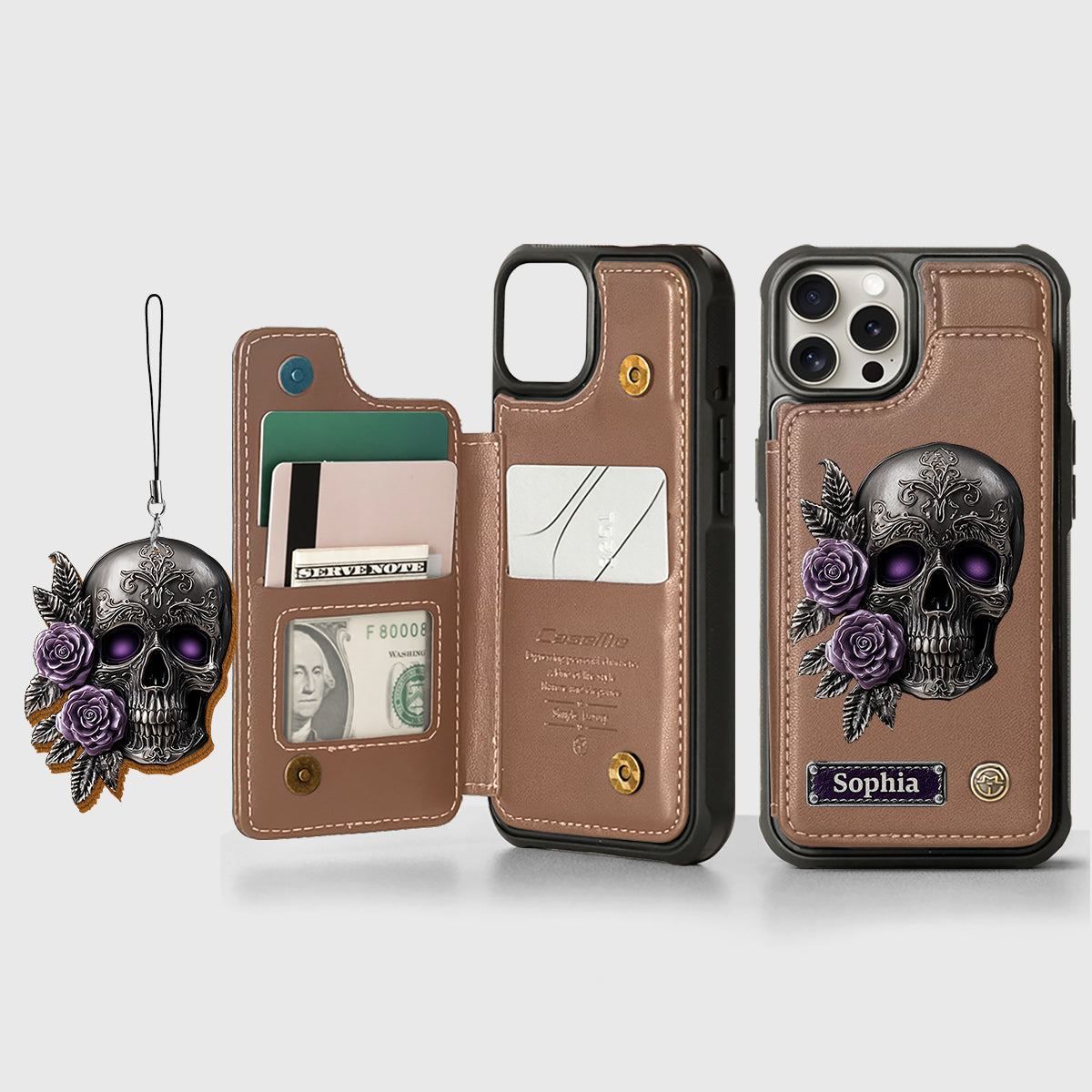 Étui portefeuille personnalisé en forme de crâne et de roses