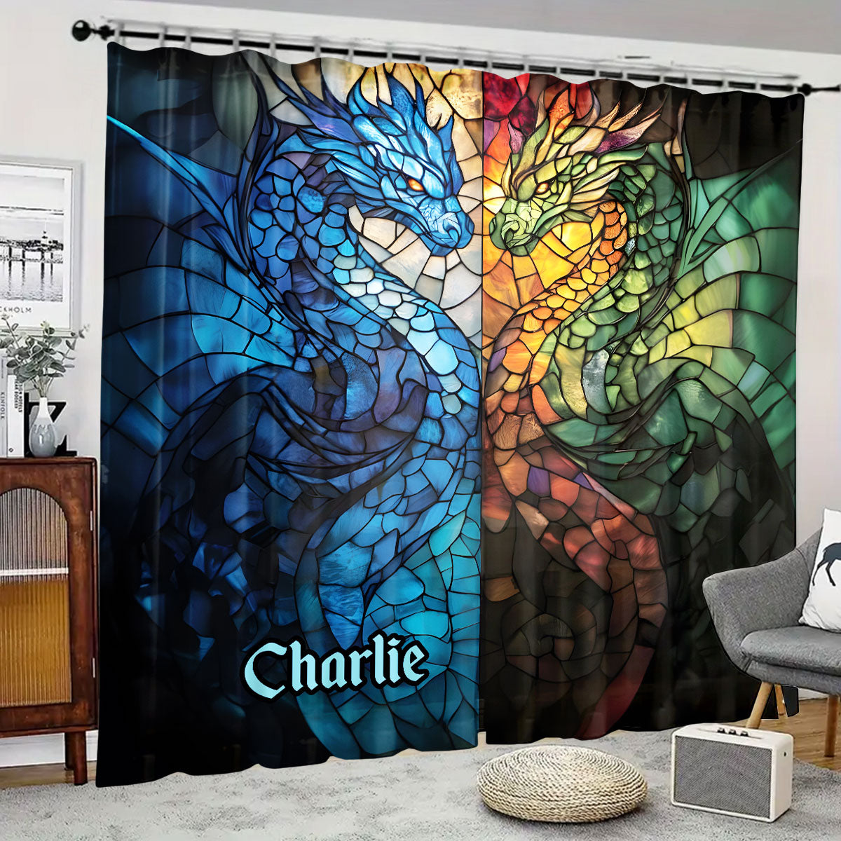 Dragons Fight - Personalized Dragon Blackout Window Curtain/ Drapes Set