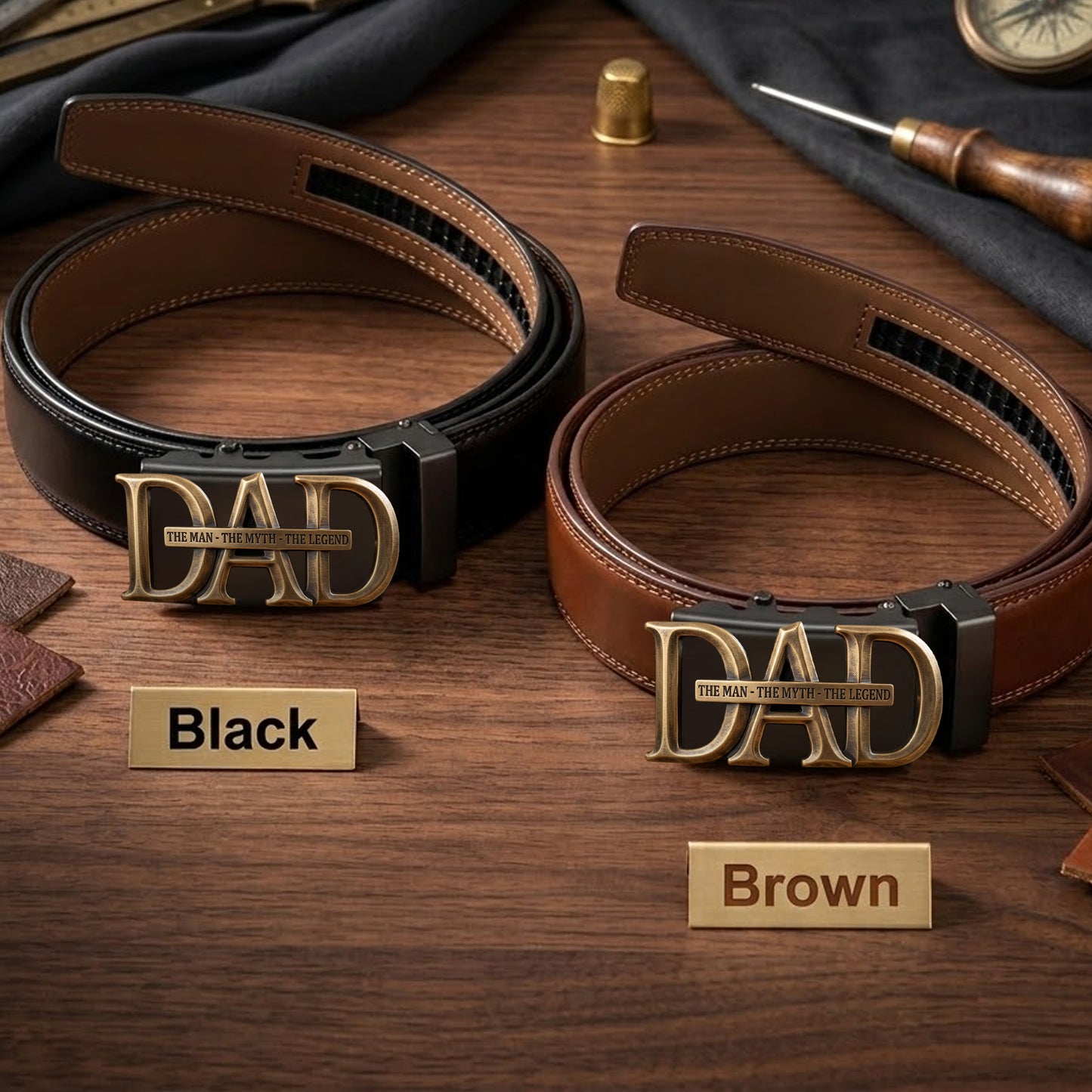 Custom Gift For Dad, Grandpa - Personalized Father Leather Belt With Shaped Buckle