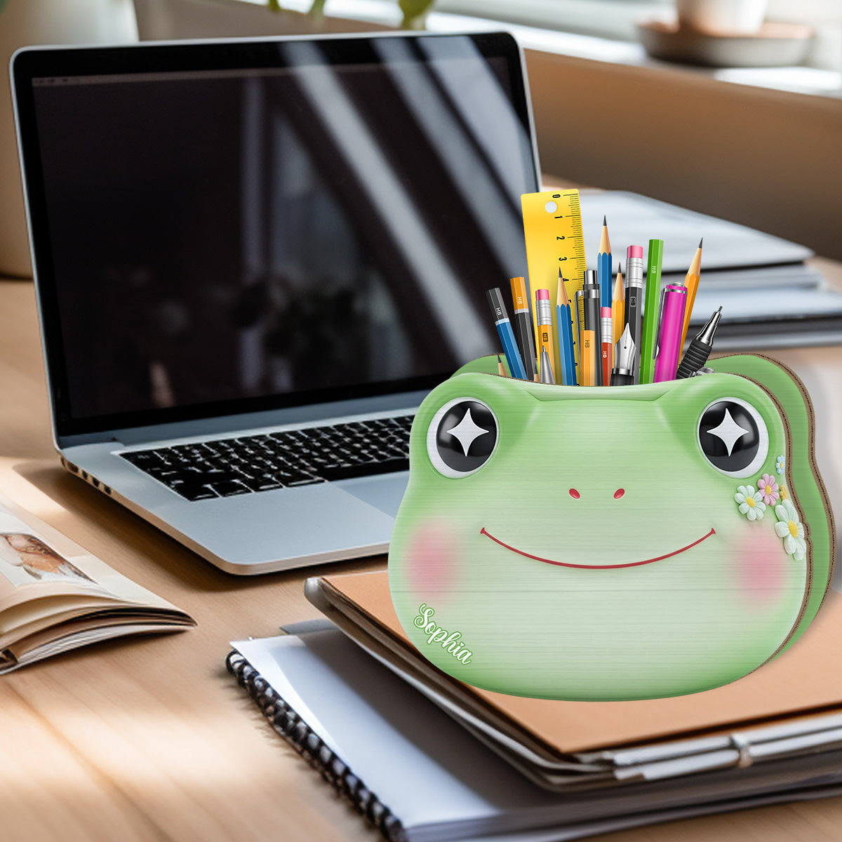 Porte-stylo en bois personnalisé en forme de grenouille mignonne
