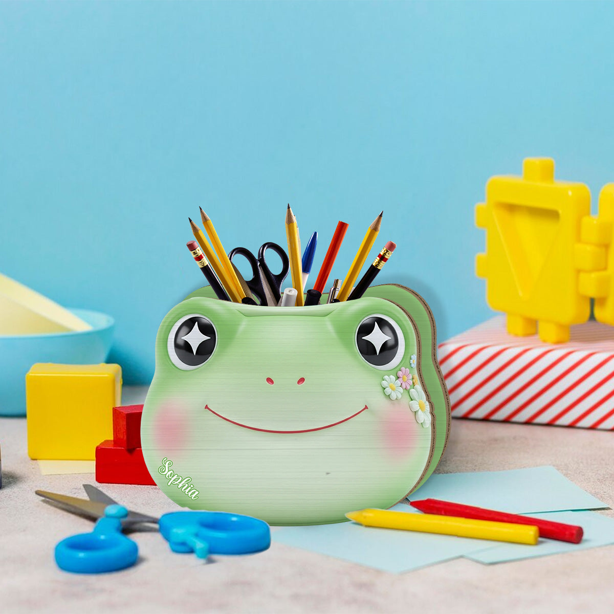 Porte-stylo en bois personnalisé en forme de grenouille mignonne