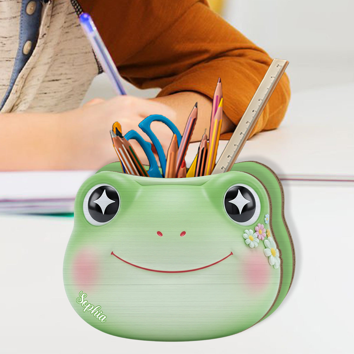 Porte-stylo en bois personnalisé en forme de grenouille mignonne