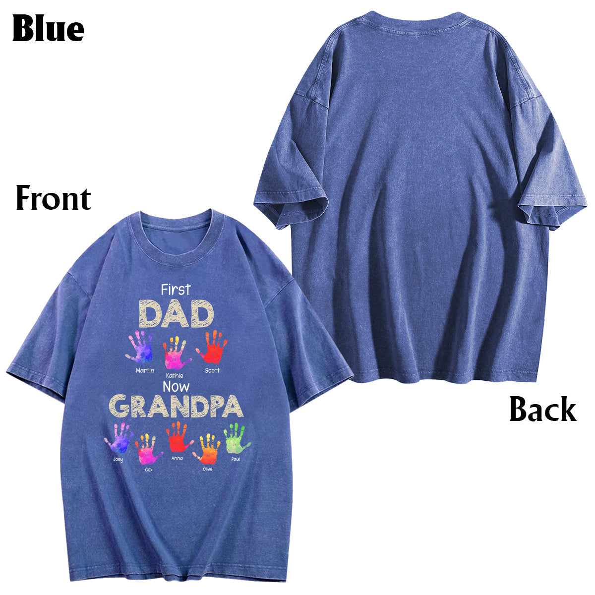 Premier papa, maintenant grand-père - T-shirt à laver personnalisé avec empreintes de mains de grand-père