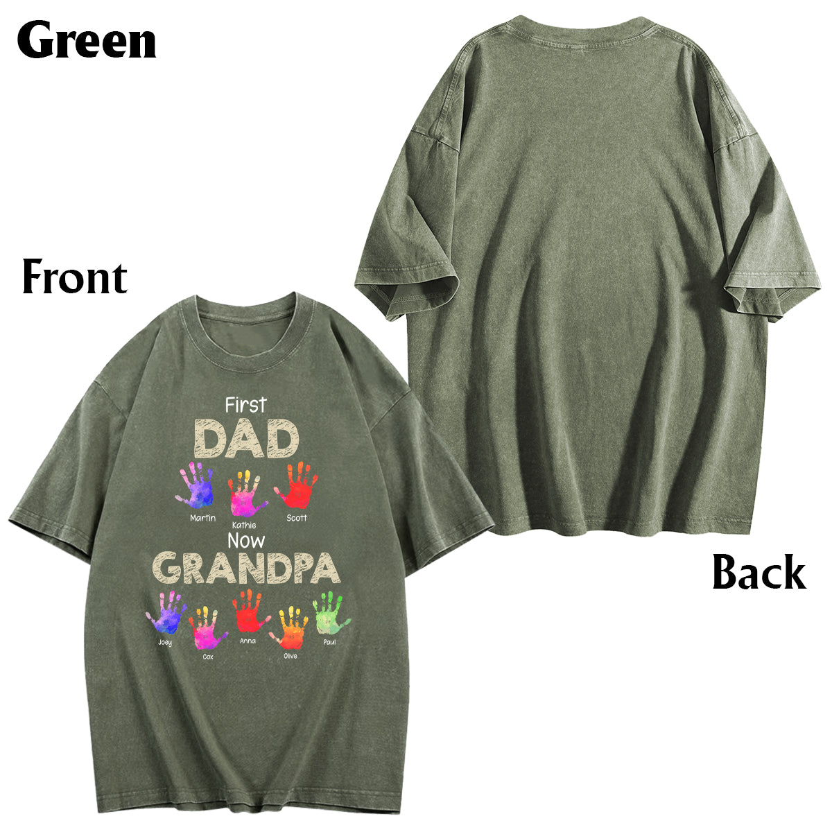 Premier papa, maintenant grand-père - T-shirt à laver personnalisé avec empreintes de mains de grand-père
