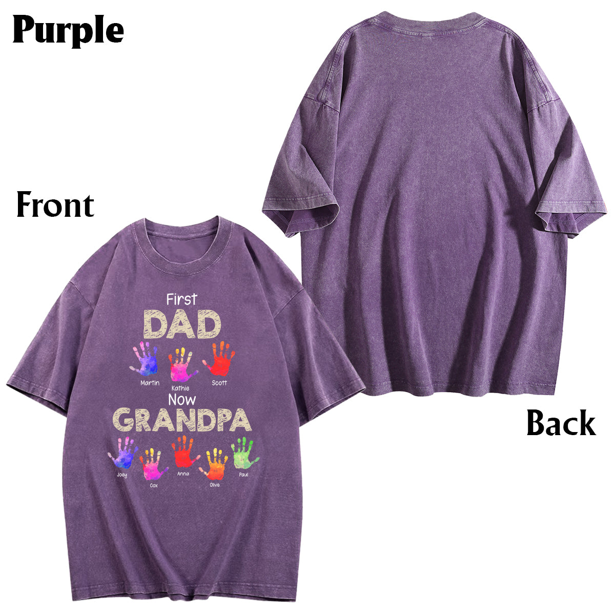 Premier papa, maintenant grand-père - T-shirt à laver personnalisé avec empreintes de mains de grand-père