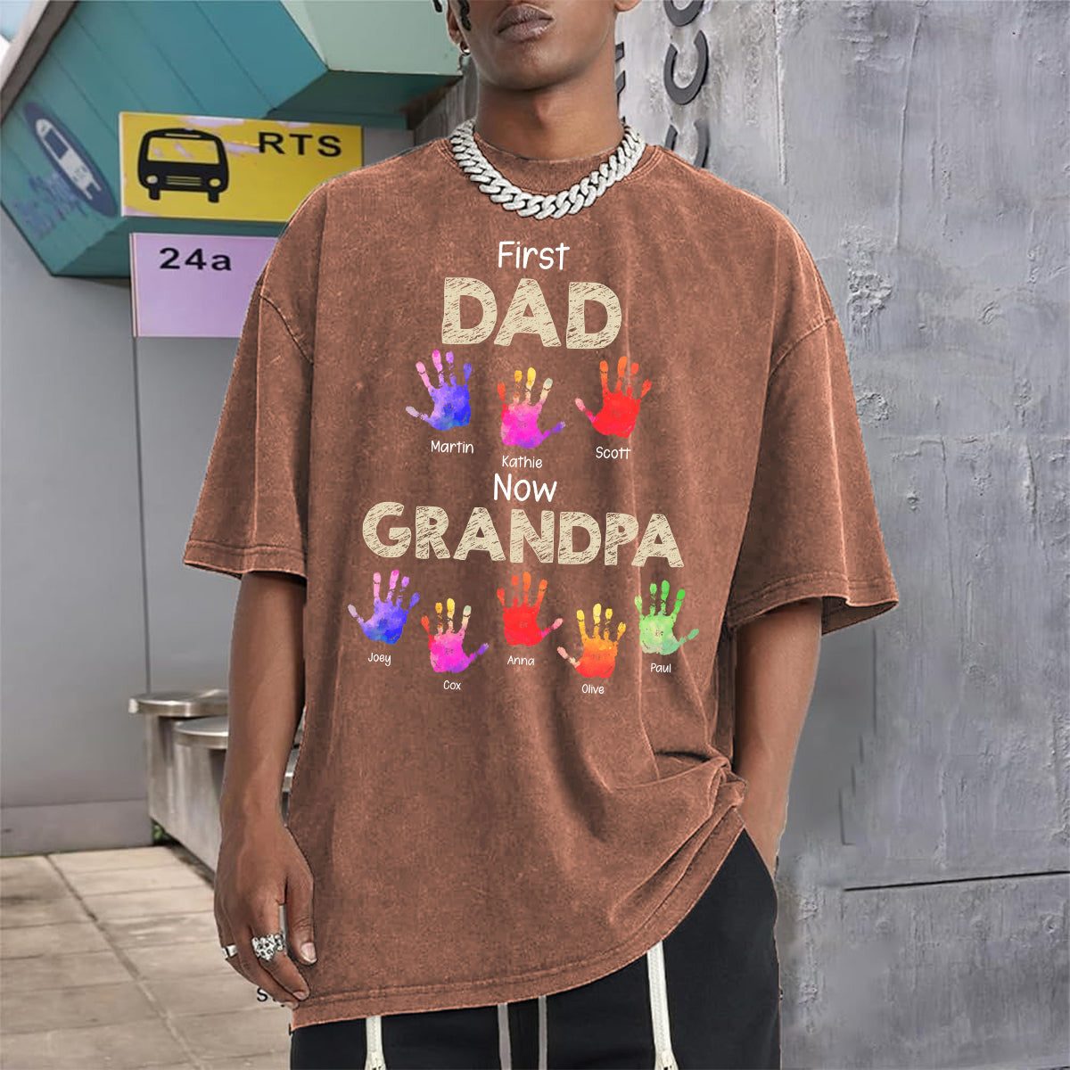 Premier papa, maintenant grand-père - T-shirt à laver personnalisé avec empreintes de mains de grand-père