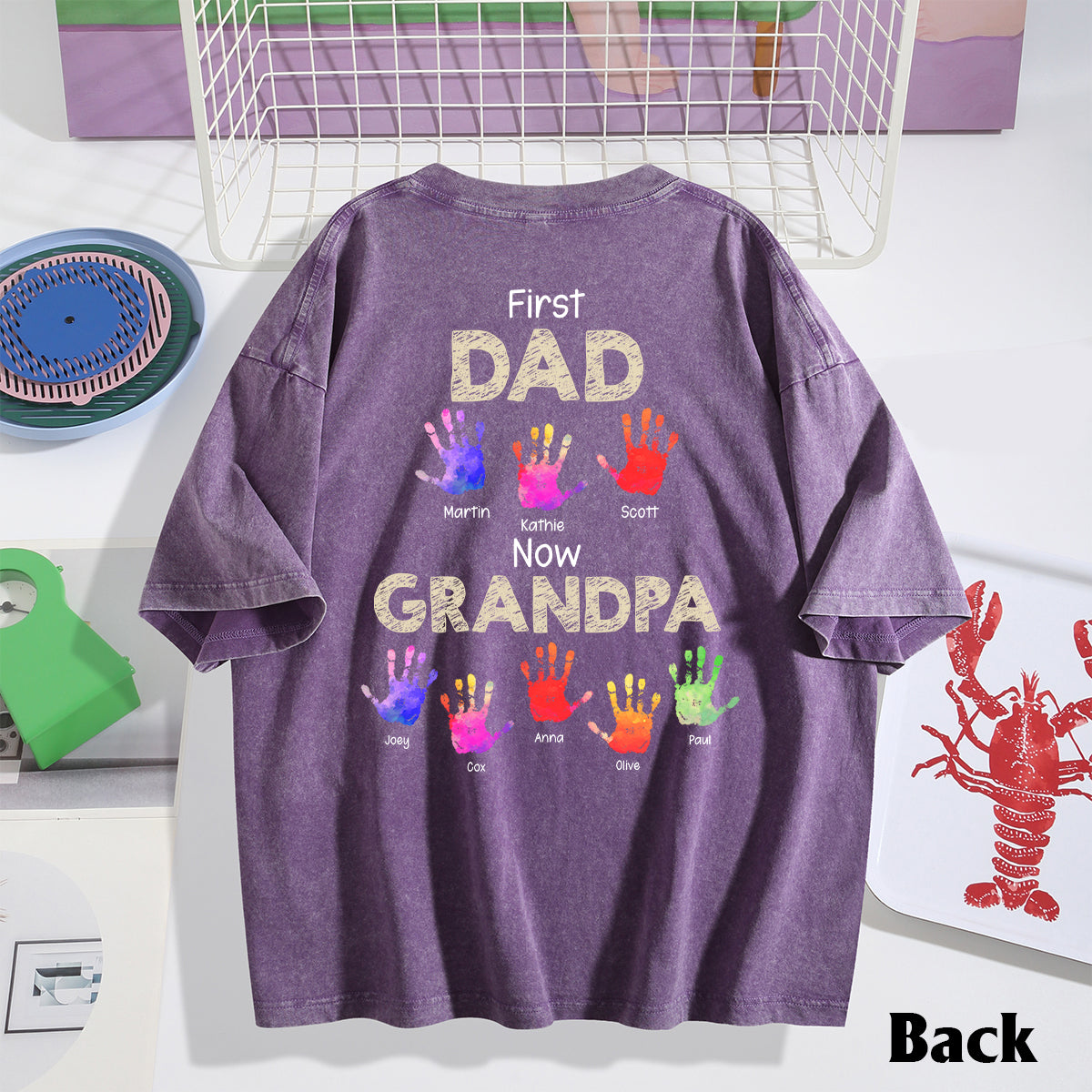 Premier papa, maintenant grand-père - T-shirt à laver personnalisé avec empreintes de mains de grand-père