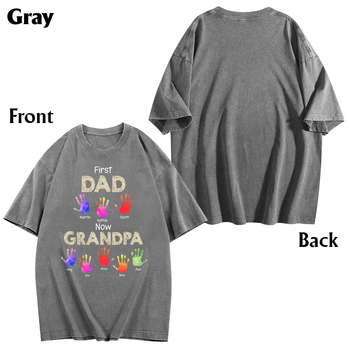 Premier papa, maintenant grand-père - T-shirt à laver personnalisé avec empreintes de mains de grand-père