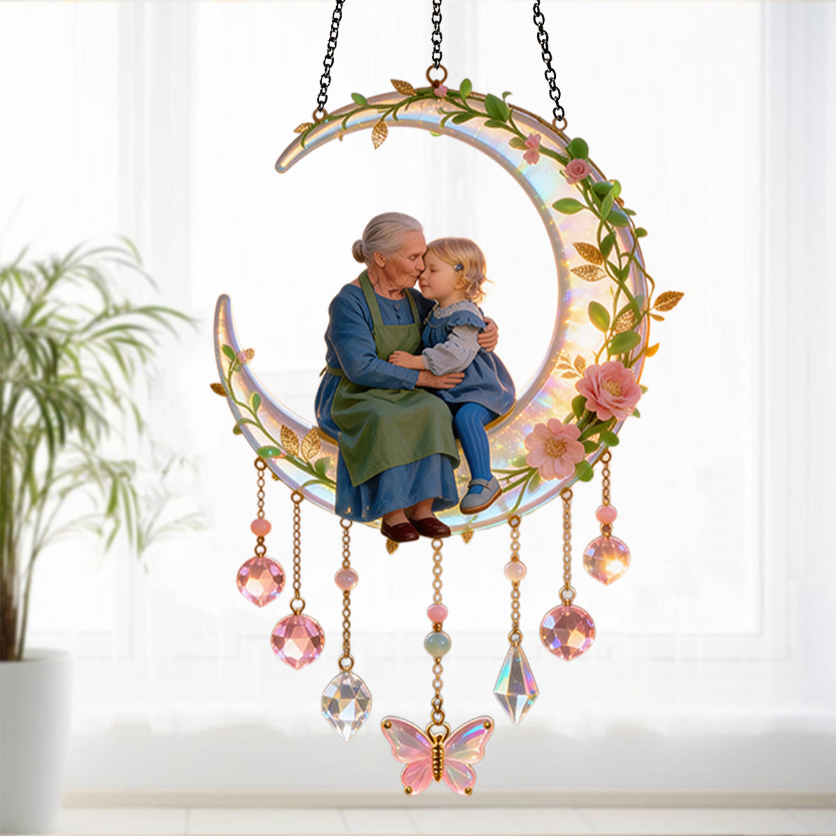 Love You To The Moon, Mother's Grandma Gift - Personalized Mother Window Hanging Suncatcher With Charms