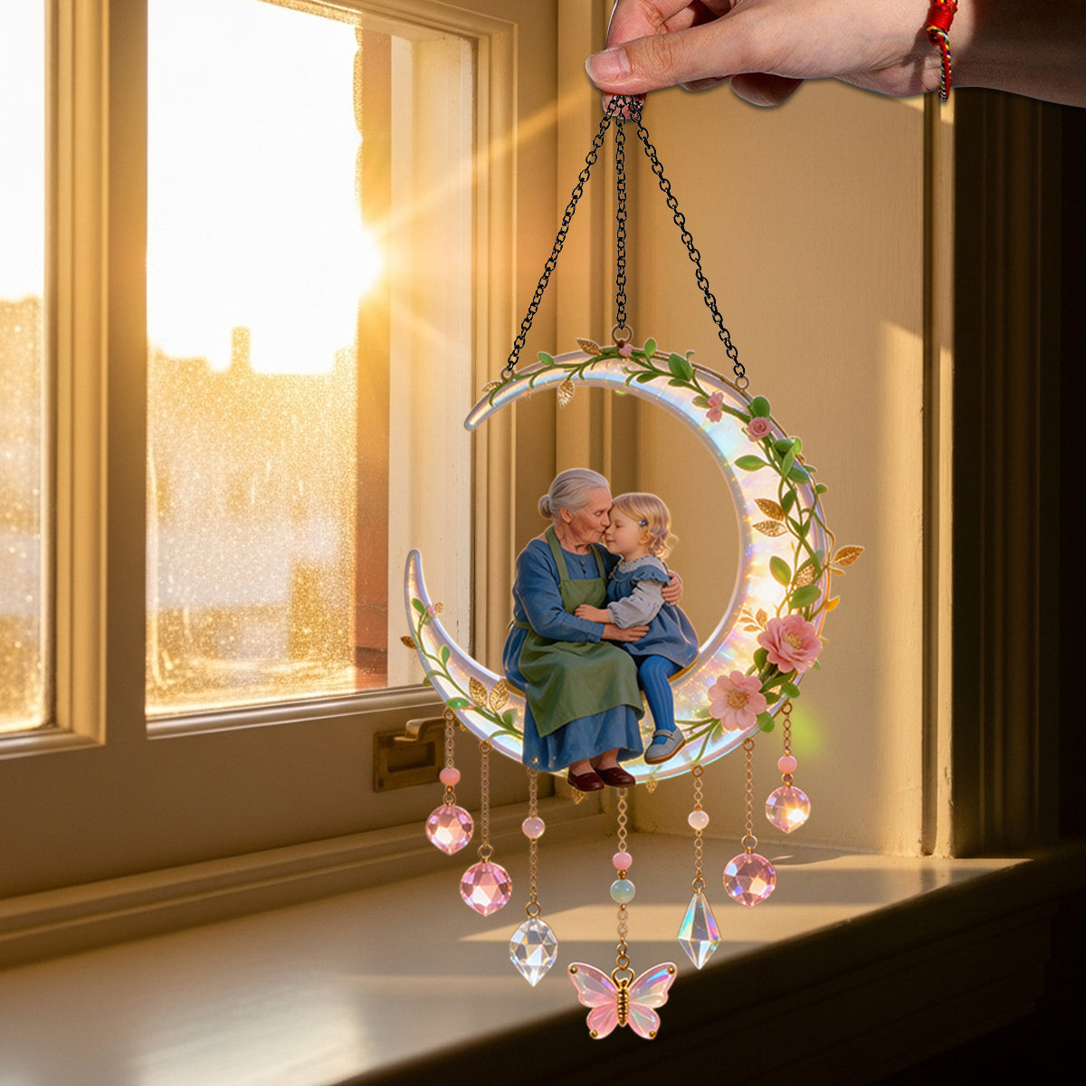 Love You To The Moon, Mother's Grandma Gift - Personalized Mother Window Hanging Suncatcher With Charms