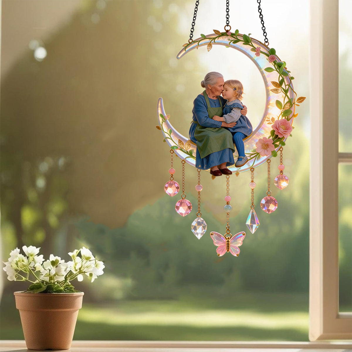 Love You To The Moon, Mother's Grandma Gift - Personalized Mother Window Hanging Suncatcher With Charms