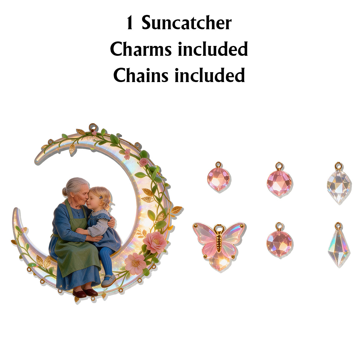 Love You To The Moon, Mother's Grandma Gift - Personalized Mother Window Hanging Suncatcher With Charms