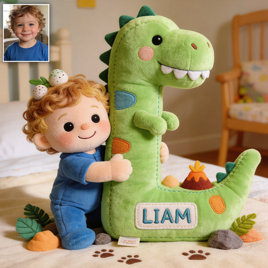Lettre de l'alphabet dinosaure & photo personnalisée - Coussin en fausse fourrure premium pour enfant