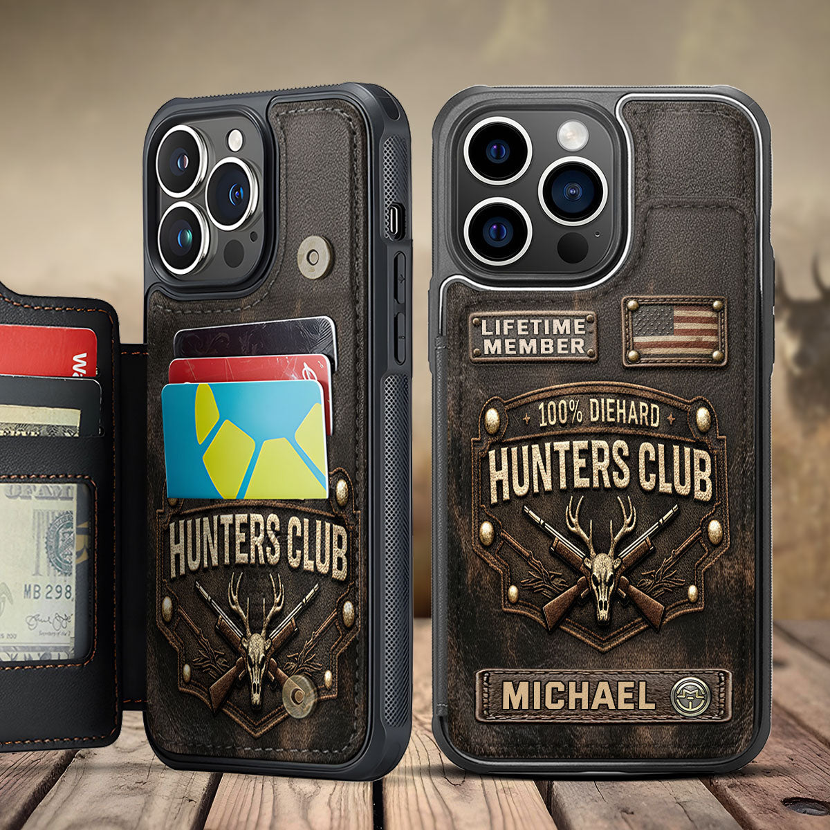 Die Hard Hunter Club - Étui portefeuille de téléphone personnalisé sur le thème de la chasse, entièrement imprimé