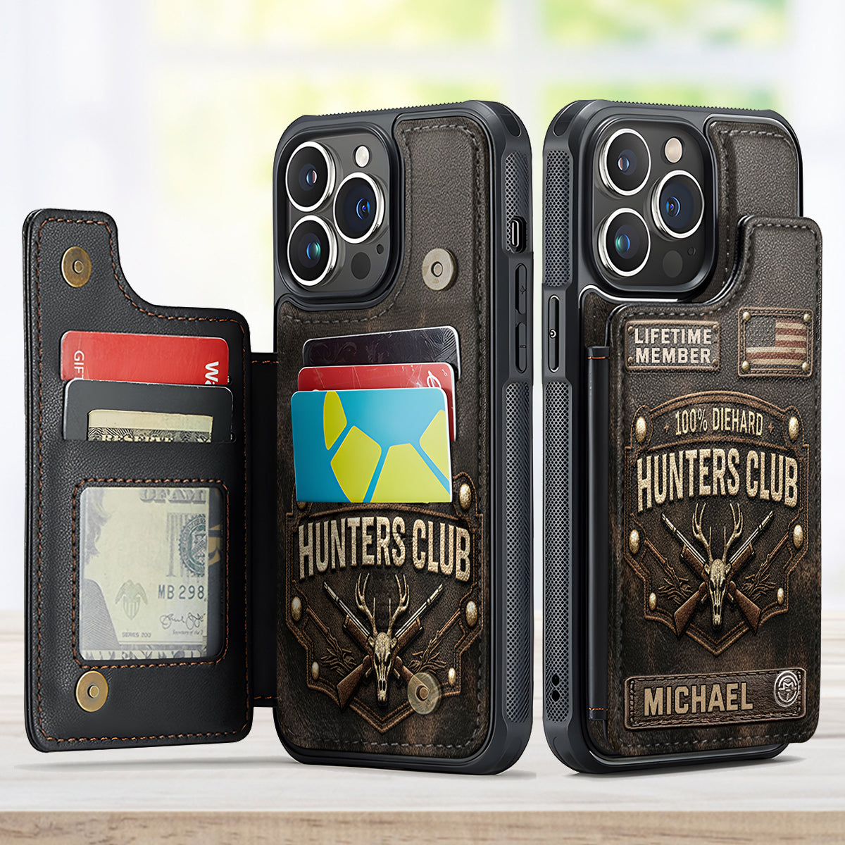 Die Hard Hunter Club - Étui portefeuille de téléphone personnalisé sur le thème de la chasse, entièrement imprimé