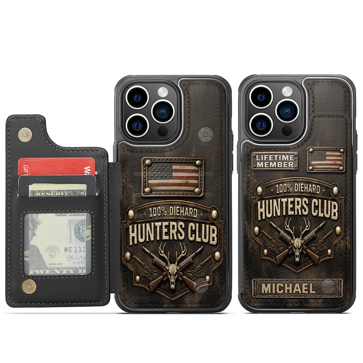 Die Hard Hunter Club - Étui portefeuille de téléphone personnalisé sur le thème de la chasse, entièrement imprimé