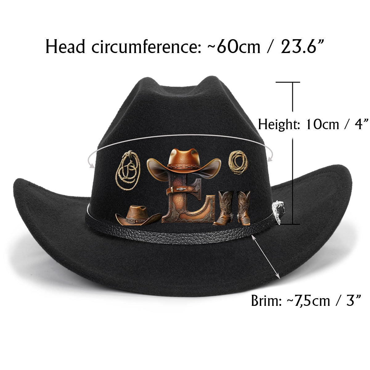 Chapeau de cowboy à large bord personnalisé avec initiale style western - Chapeau de cowboy à large bord pour cowgirl