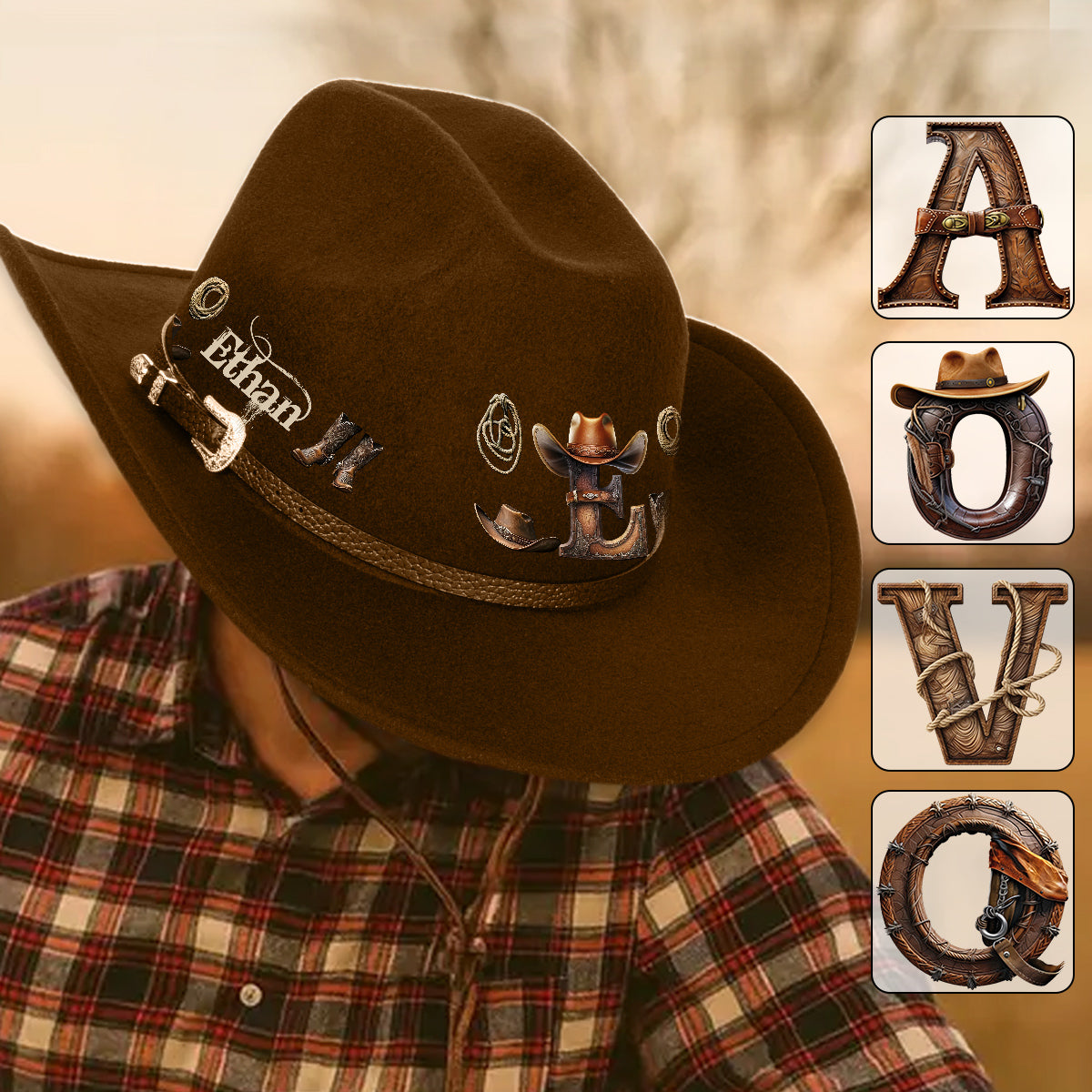 Chapeau de cowboy à large bord personnalisé avec initiale style western - Chapeau de cowboy à large bord pour cowgirl