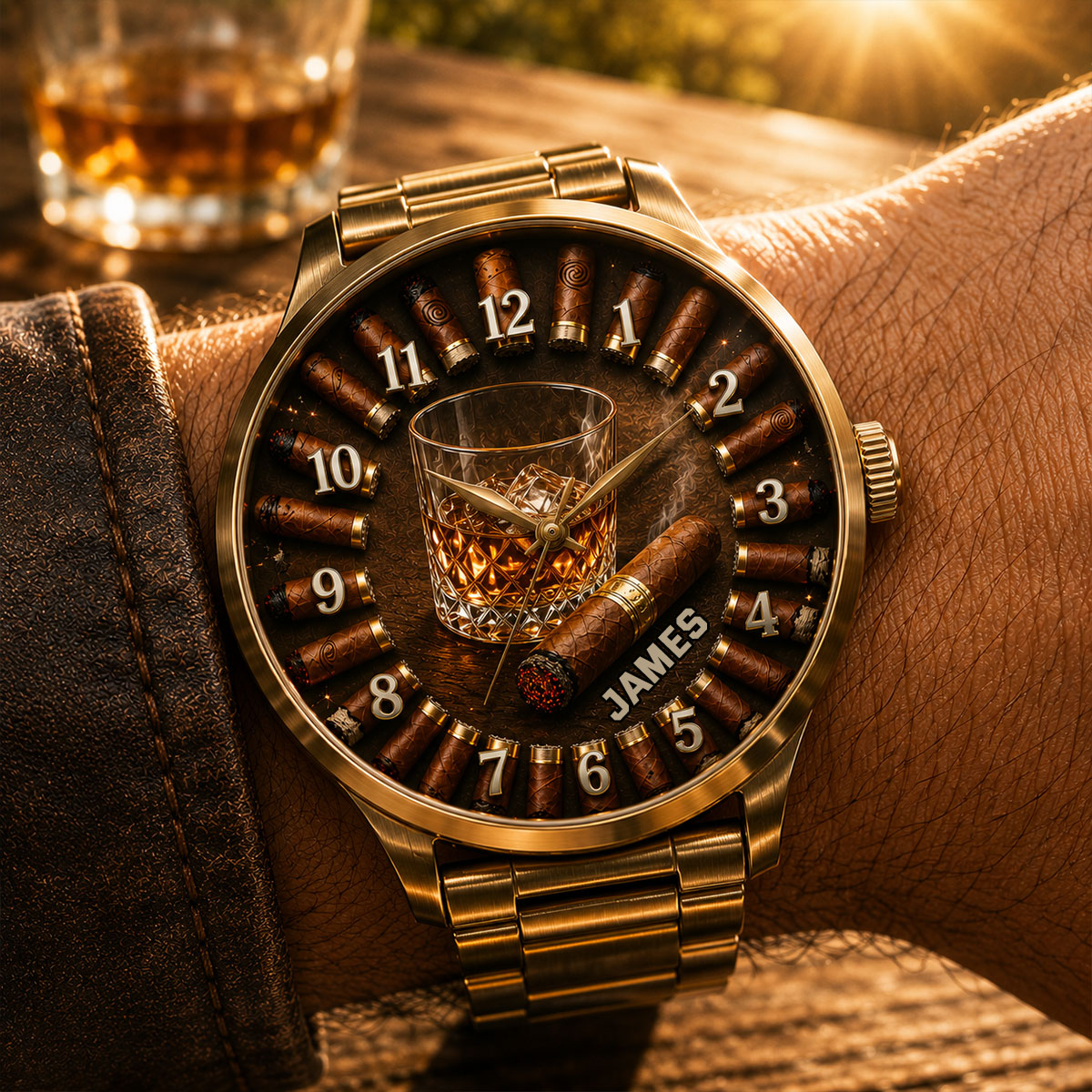 Whiskey et Cigare, Cadeau pour Hommes - Montre à Main Personnalisée