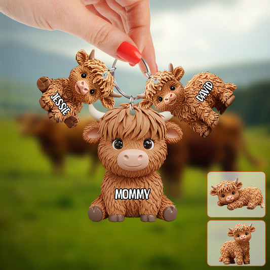 Highland Cow Mom - Personalized Mother Keychain with Charms