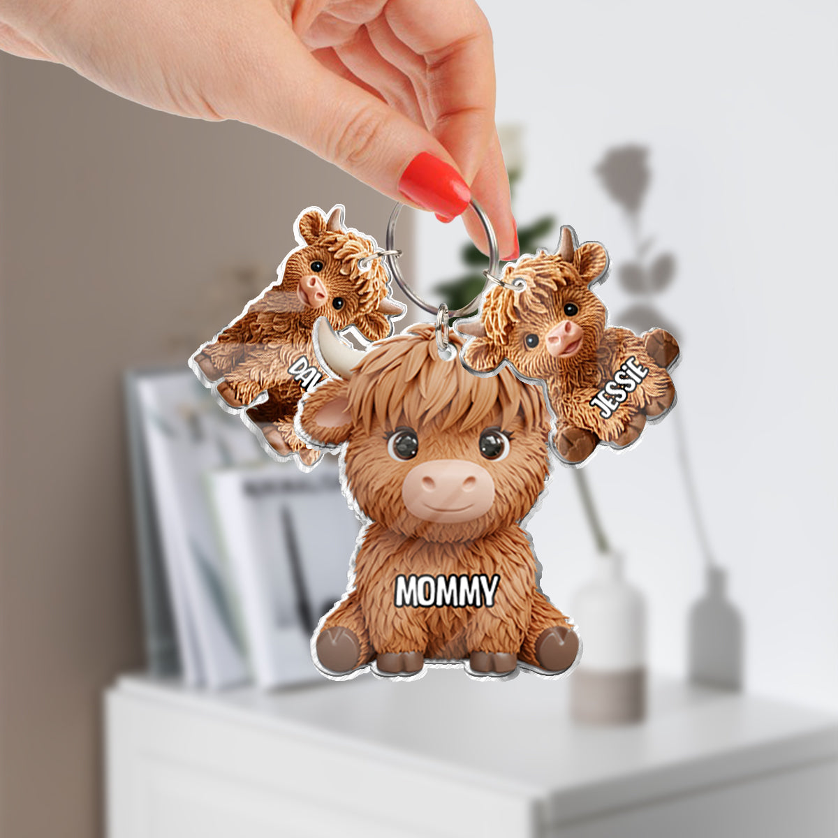 Maman vache des Highlands - Porte-clés personnalisé avec breloques
