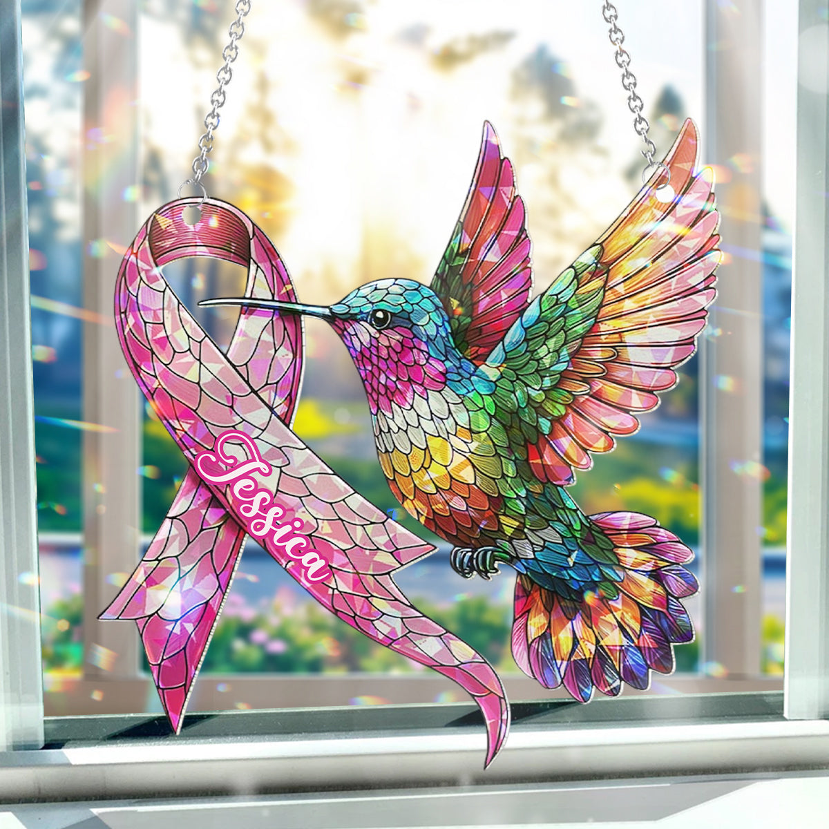 Sensibilisation au cancer du sein avec un colibri - Ornement attrape-soleil personnalisé à suspendre à la fenêtre pour la sensibilisation au cancer du sein