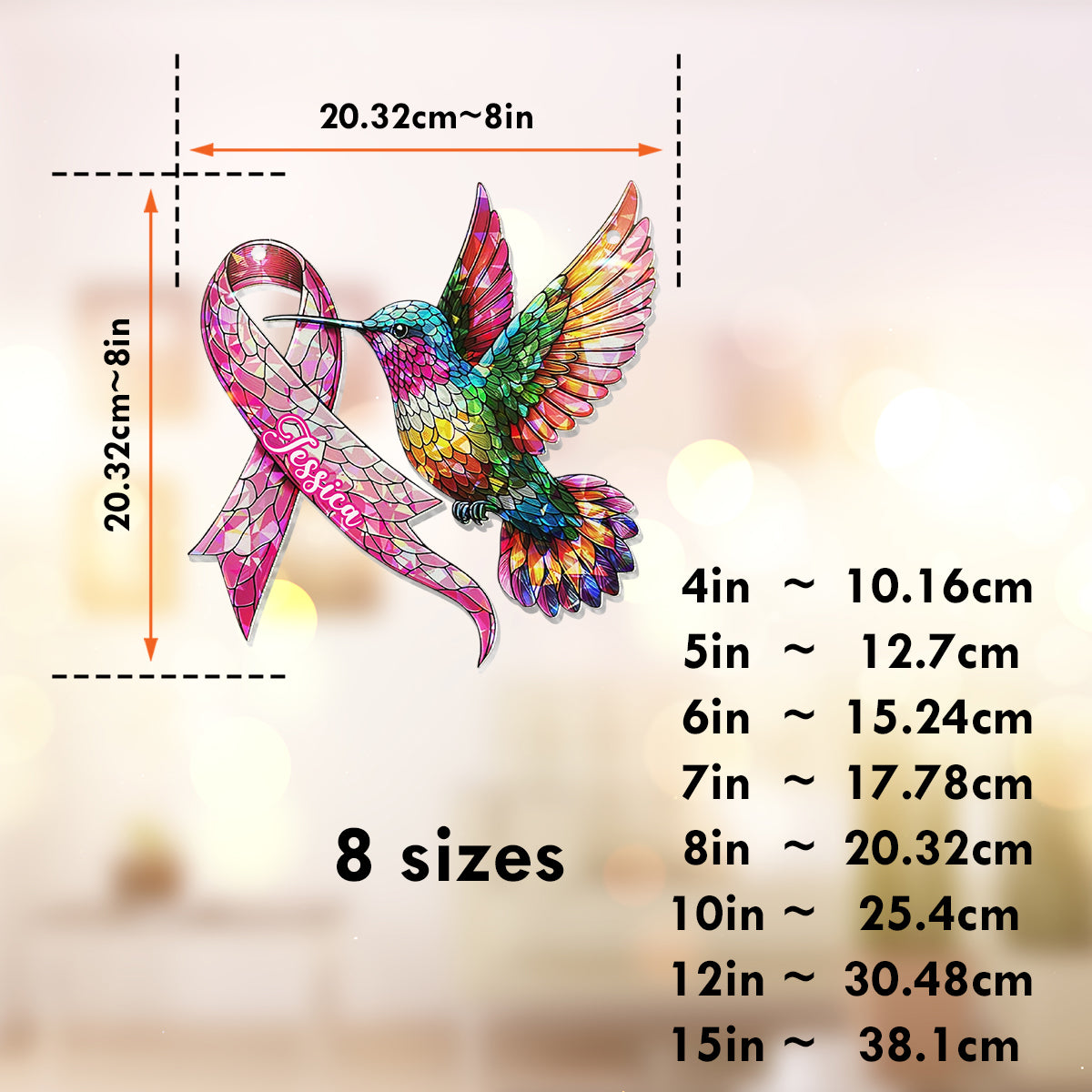 Sensibilisation au cancer du sein avec un colibri - Ornement attrape-soleil personnalisé à suspendre à la fenêtre pour la sensibilisation au cancer du sein