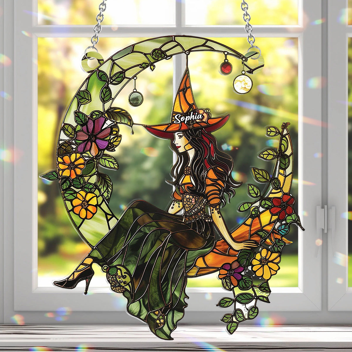 Witch And Moon - Personalized Witch Window Hanging Suncatcher Ornament