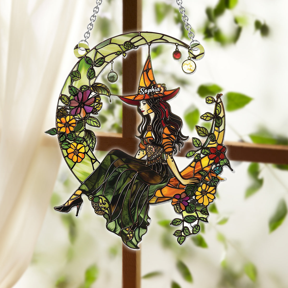 Witch And Moon - Personalized Witch Window Hanging Suncatcher Ornament