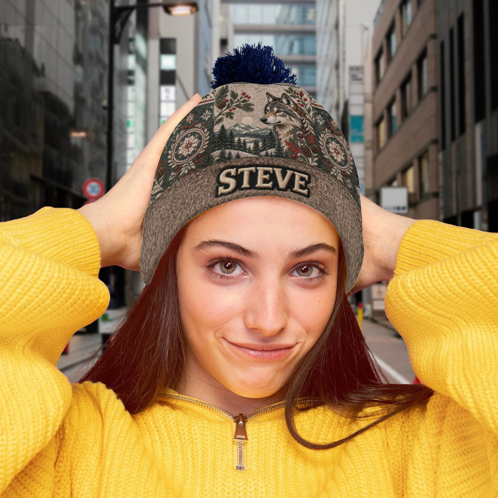 Snowy Forest - Personalized Wolf Beanie Hat
