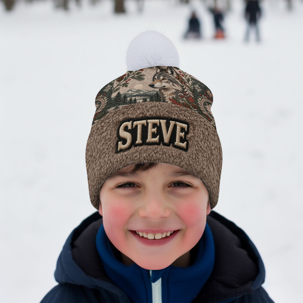 Snowy Forest - Personalized Wolf Beanie Hat