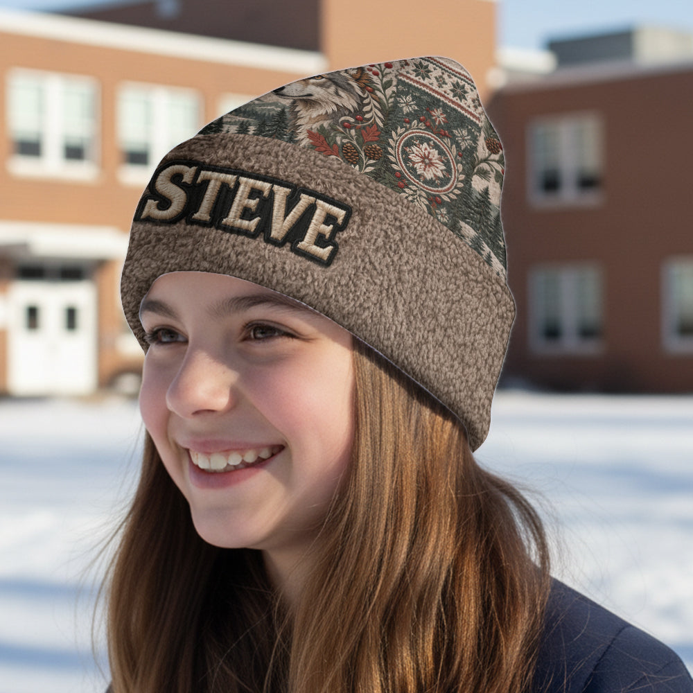 Snowy Forest - Personalized Wolf Beanie Hat