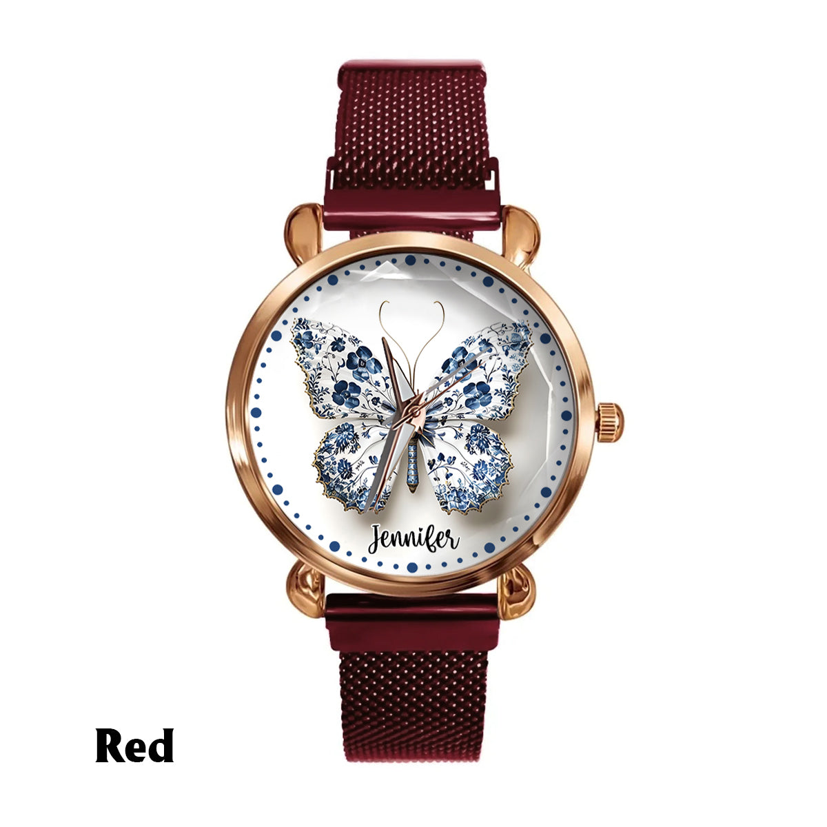 Montre-bracelet papillon personnalisée style Toile de Jouy pour femme