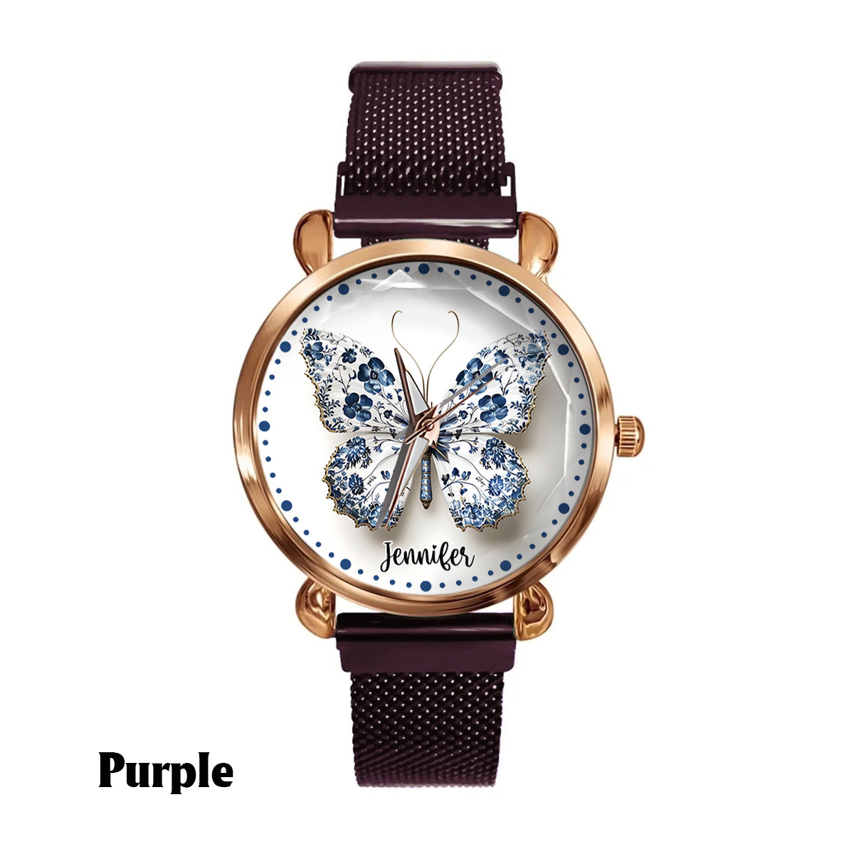 Montre-bracelet papillon personnalisée style Toile de Jouy pour femme
