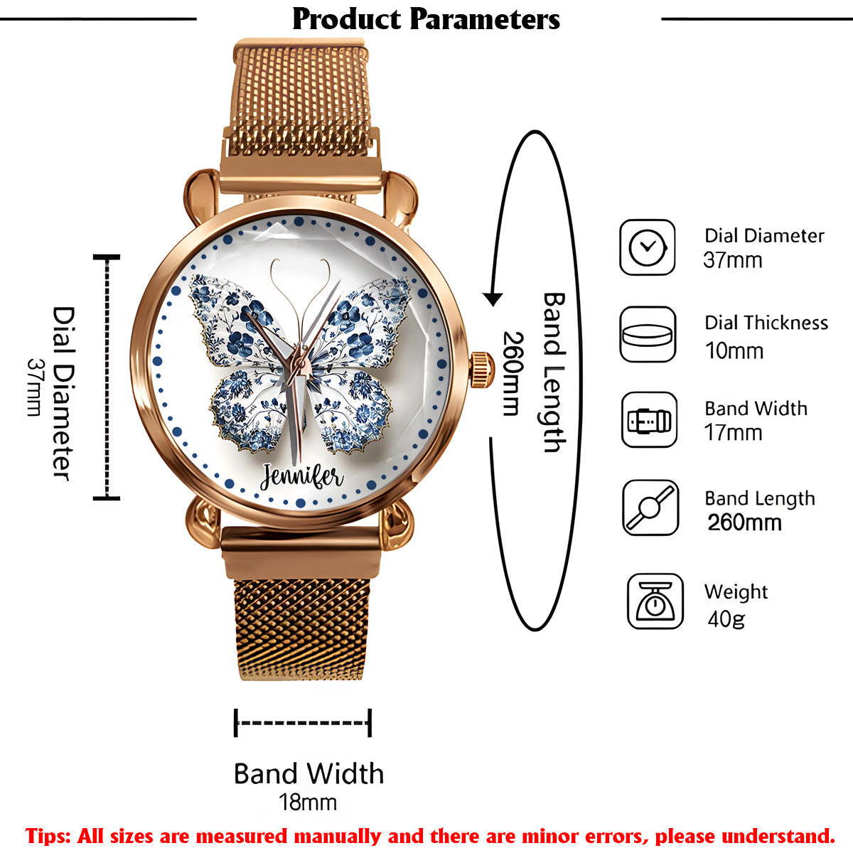 Montre-bracelet papillon personnalisée style Toile de Jouy pour femme