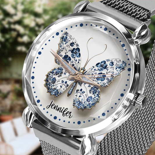 Montre-bracelet papillon personnalisée style Toile de Jouy pour femme