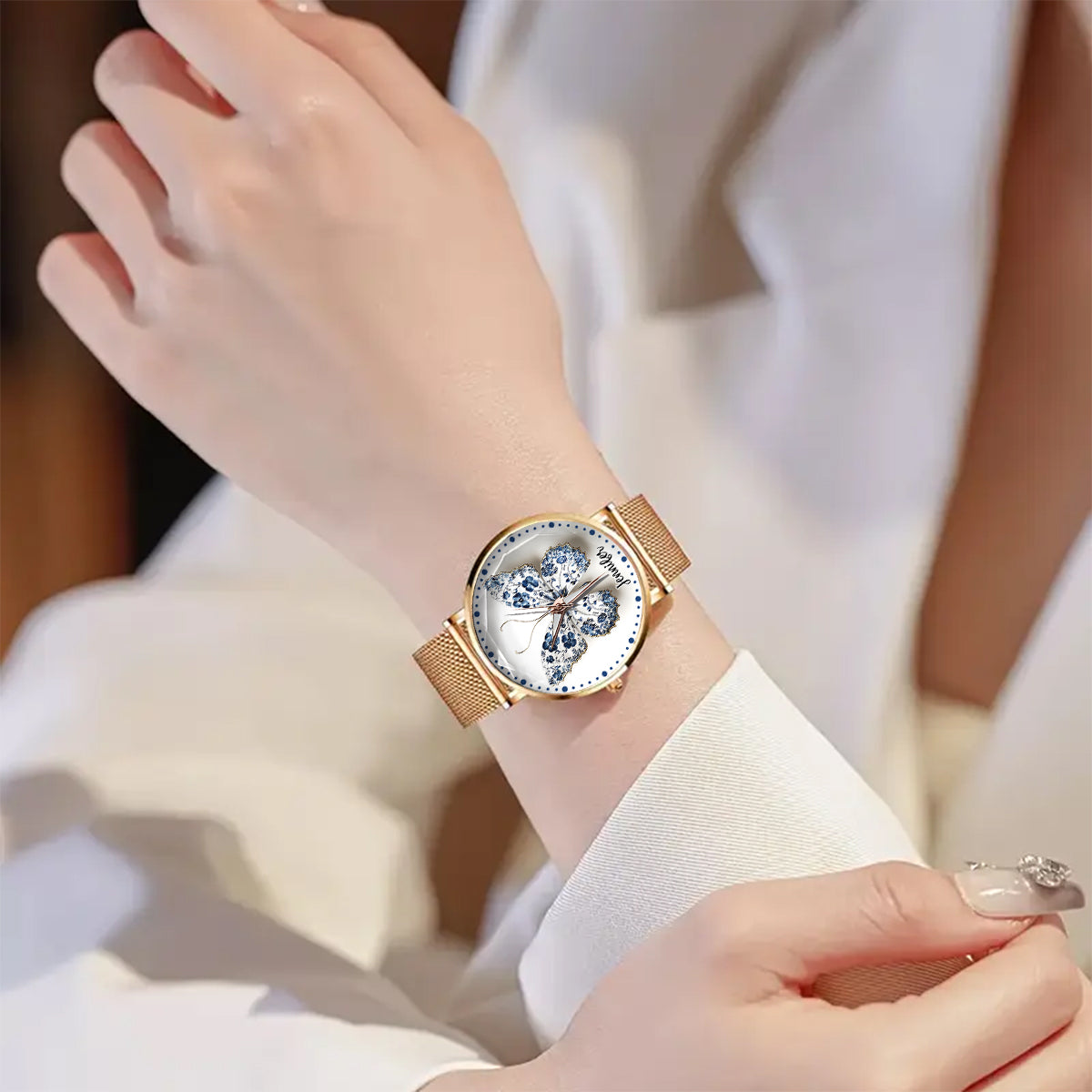 Montre-bracelet papillon personnalisée style Toile de Jouy pour femme